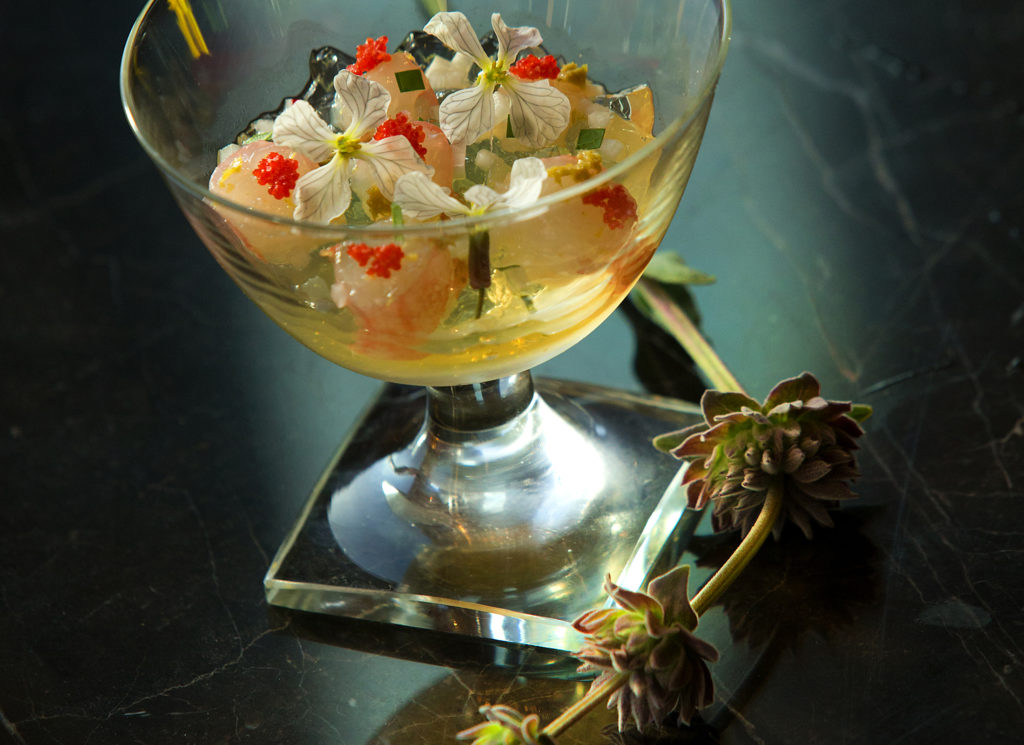 Spot prawn with kelp vinegar, and horseradish from chef Chef Matt Kammerer at the Harbor House in Elk along the Mendocino coast. (photo by John Burgess/The Press Democrat)