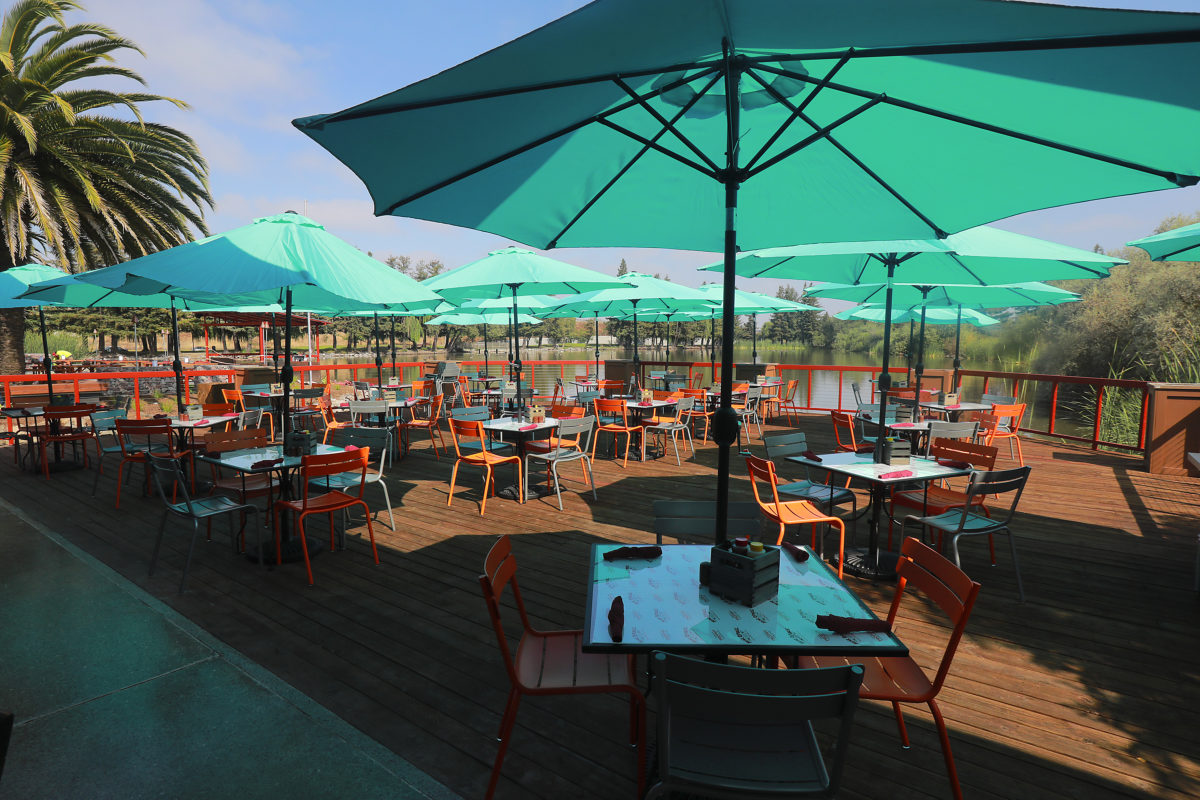 An outdoor patio overlooking the pond at the Bear Republic Brewing Co. brewpub in Rohnert Park. (John Burgess/The Press Democrat)