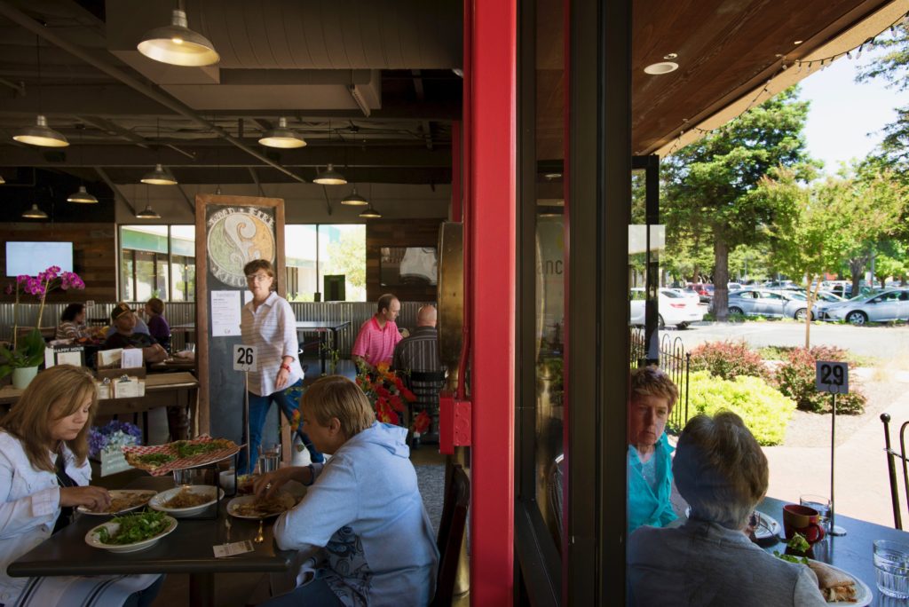 A small patio area at the front of the restaurant offers outdoor dining at Franchettis' Wood Fire Kitchen, Catering & Events located on Dutton Avenue in Santa Rosa. May 12, 2016. (Erik Castro/for The Press Democrat)