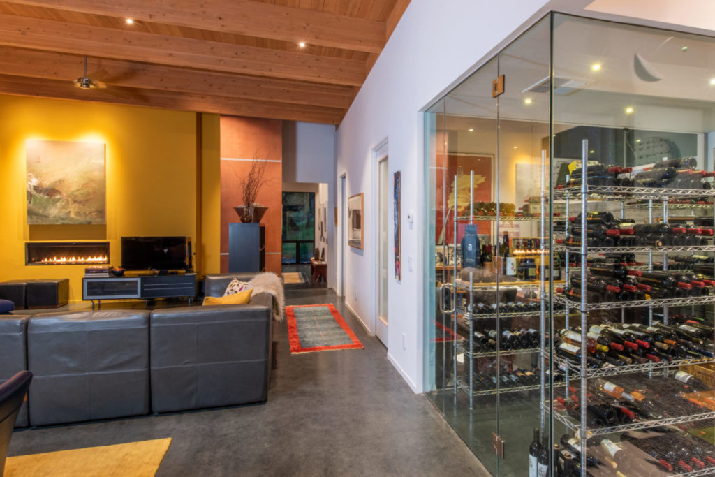 Wine cellar and living room.