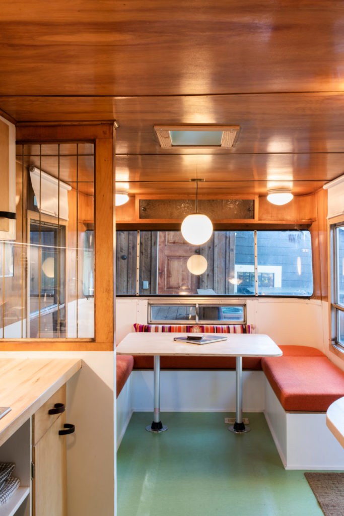 Interior views of the Spartan in Petaluma. The renovation preserved many of the original features including the original kitchen cabinets. Other features such as the dining nook are designed by Geoff.