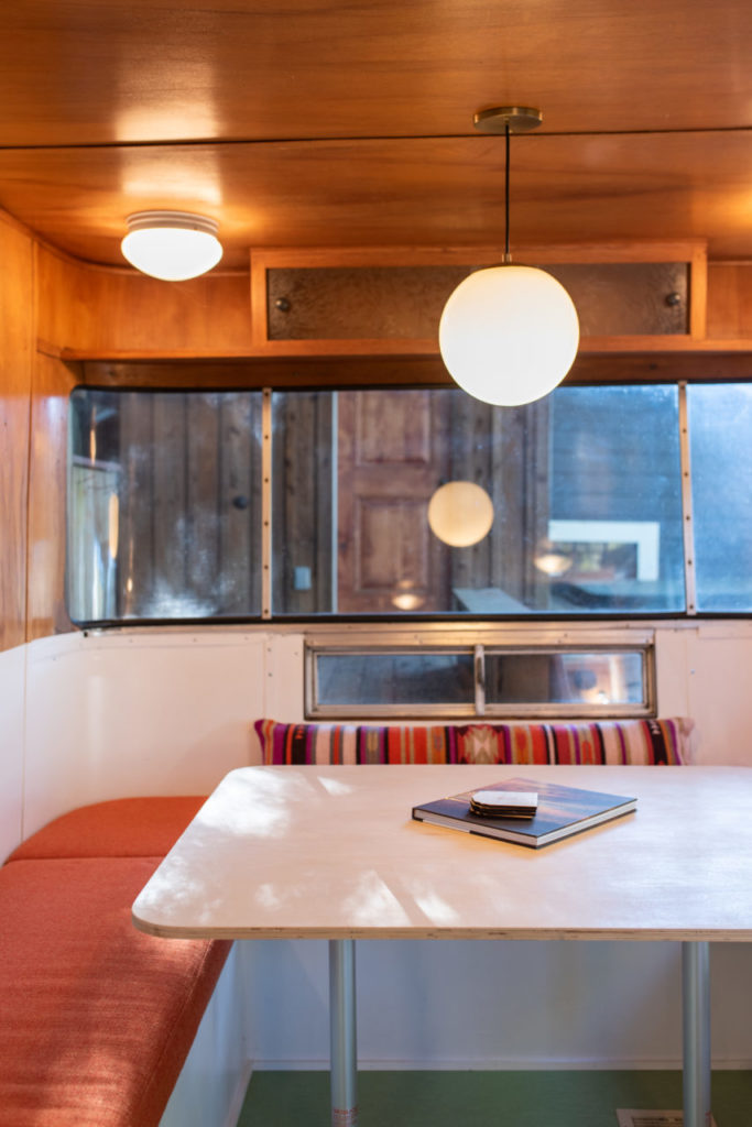 Interior views of the Spartan in Petaluma. The renovation preserved many of the original features including the original kitchen cabinets. Other features such as the dining nook are designed by Geoff.