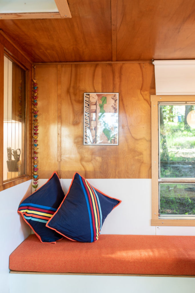 Interior views of the Spartan in Petaluma. The renovation preserved many of the original features including the original kitchen cabinets. Other features such as the dining nook are designed by Geoff.