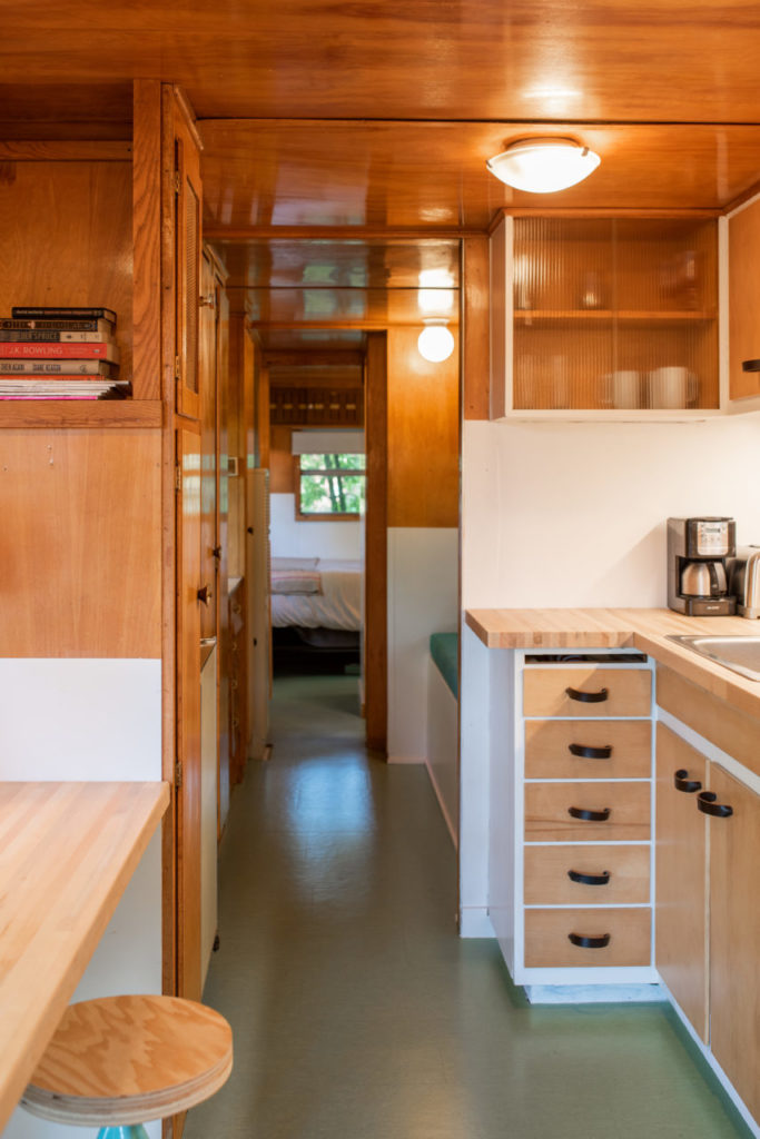 Interior views of the Spartan in Petaluma. The renovation preserved many of the original features including the original kitchen cabinets. Other features such as the dining nook are designed by Geoff.