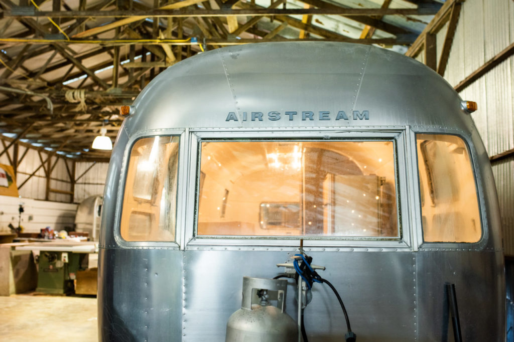 An Airstream in the shop.