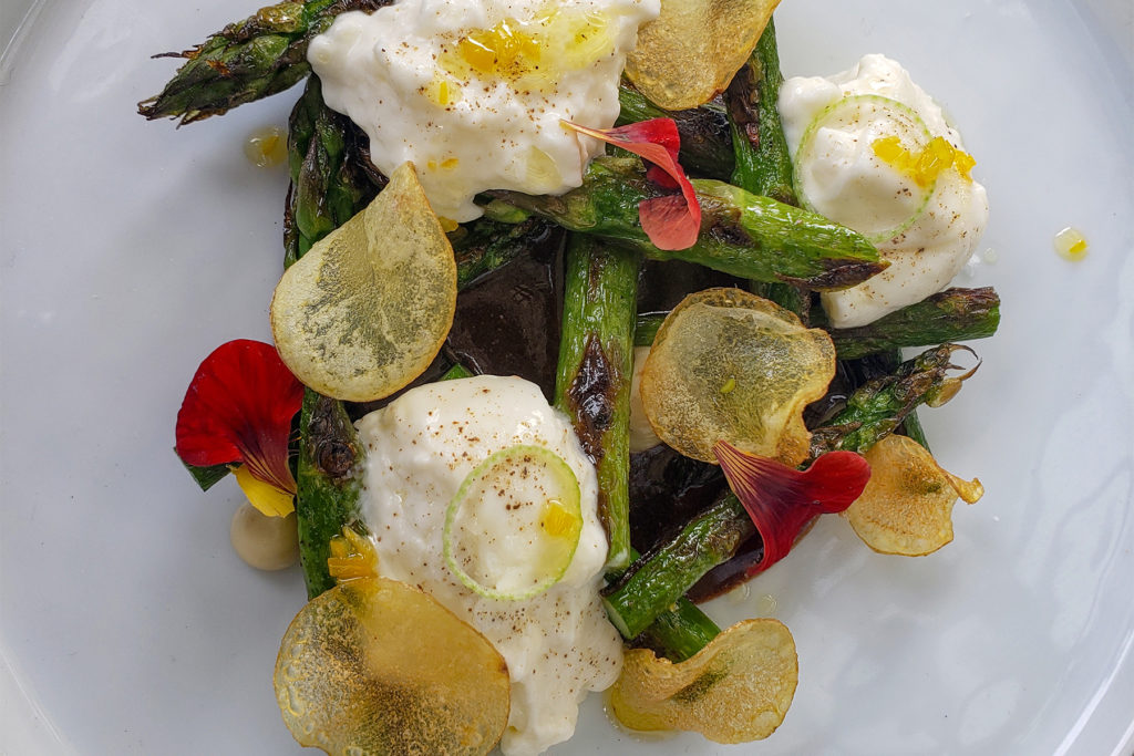 Roasted asparagus and burrata at Bowman Cellars pop up dinners in Graton. Heather Irwin/PD