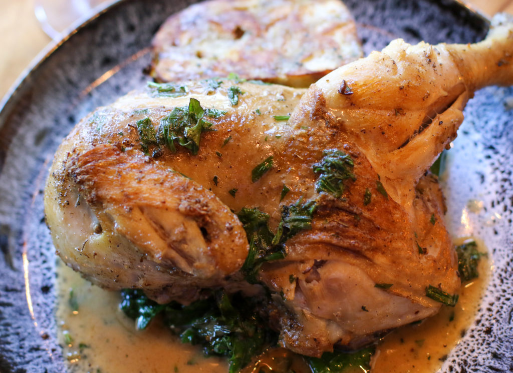 Broasted chicken with bread dumplings, wilted greens, Reisling sauce at Brot in Guerneville. Heather Irwin/PD