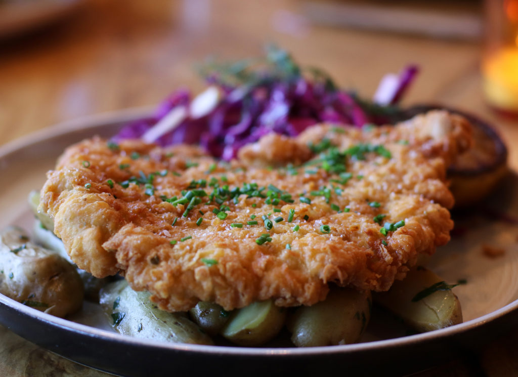 Pork schnitzel with apple cabbage slaw, fingerling potatoes & mushroom sauce at Brot in Guerneville. Heather Irwin/PD