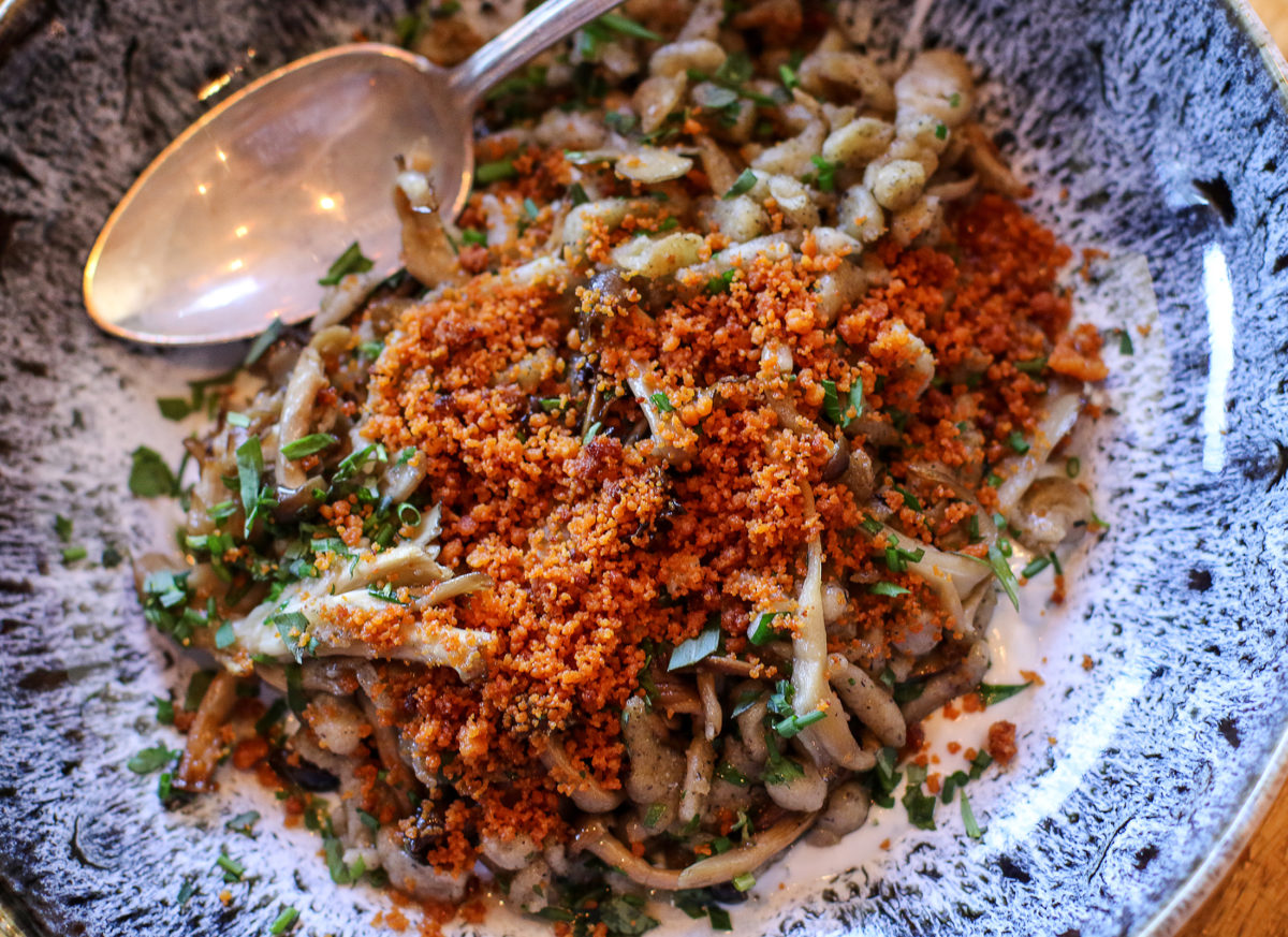 Buckwheat spatzle with fresh herbs, brown butter crumbs, wild mushrooms, quark at Brot in Guerneville. Heather Irwin/PD