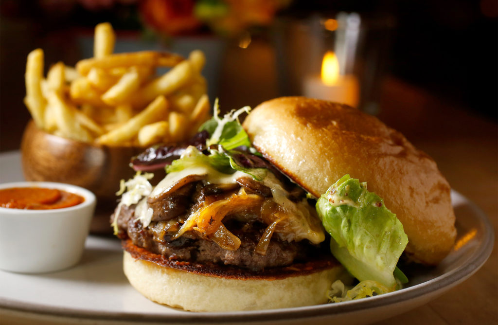 Della burger topped with mushrooms and pepato cheese at Della Fattoria in Petaluma. (Alvin Jornada /The Press Democrat)
