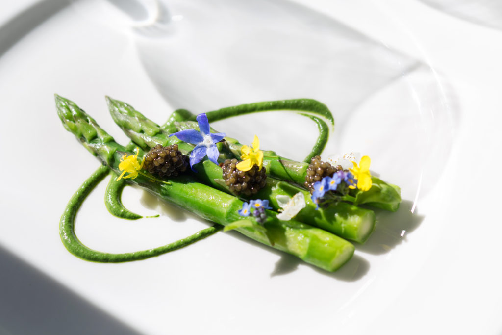Chef Steve Litke prepared this dash of poached asparagus with lemon mousseline and osetra caviar. Farmhouse is now ranked by Travel and Leisure Magazine as the fourth best inn in America, and is number 28 on its WorldÕs Best Hotels list. Shot on Friday, February 20, 2015 at Farmhouse Inn in Forestville, Calif. (Photo by Charlie Gesell for the Sonoma magazine)
