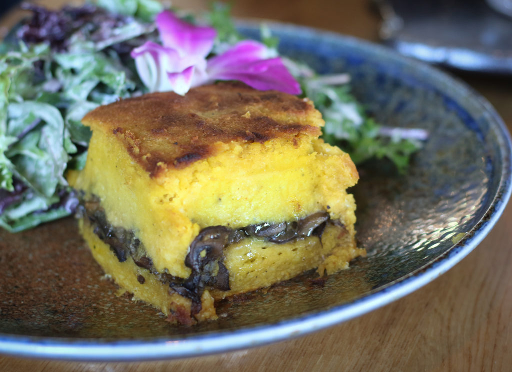 Mushroom corn cake at Ayawaska in Petaluma. (Heather Irwin/Sonoma Magazine)