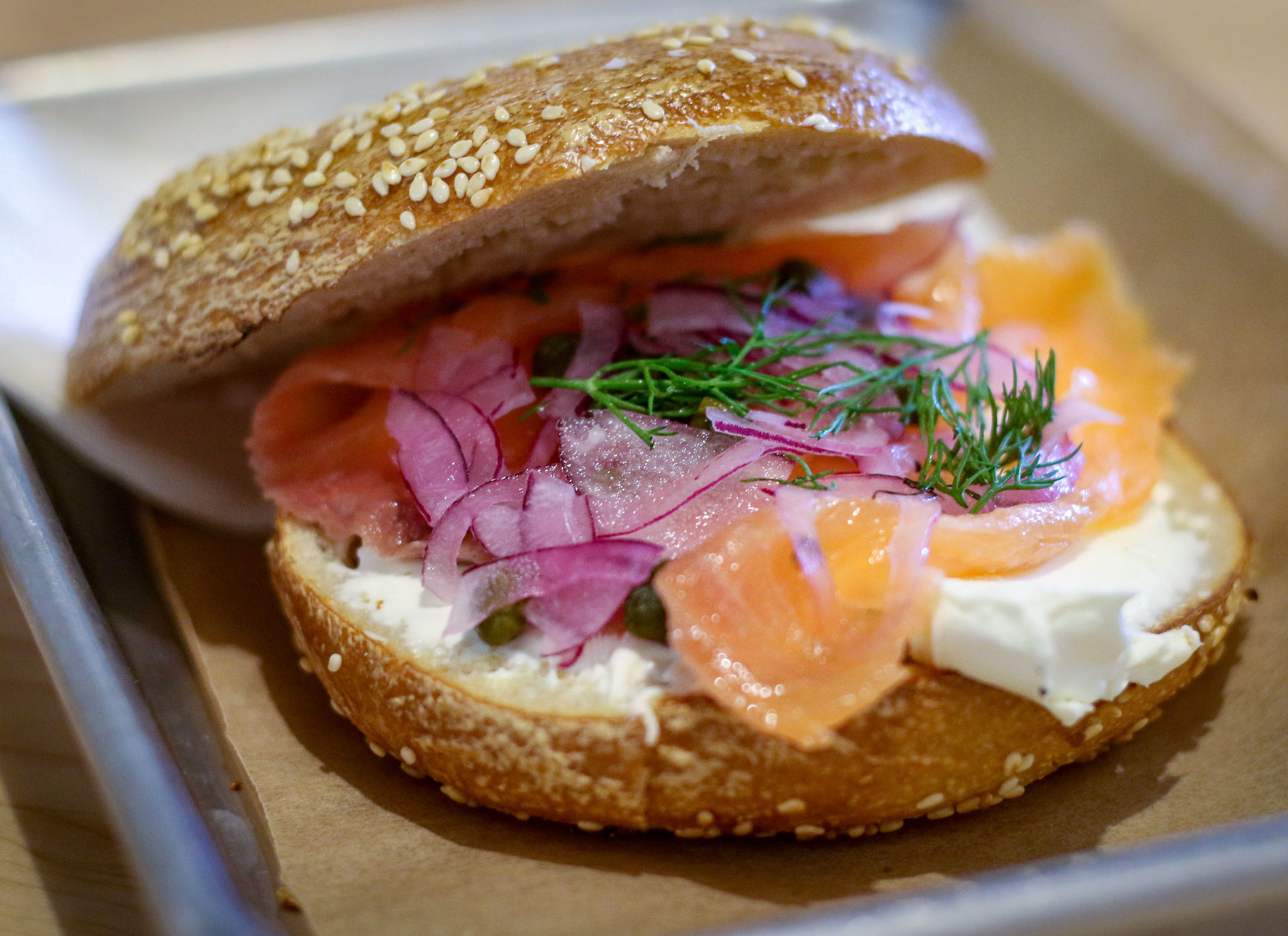 Lox and cream cheese sesame bagel at the Bagel Mill in Petaluma. Heather Irwin/PD