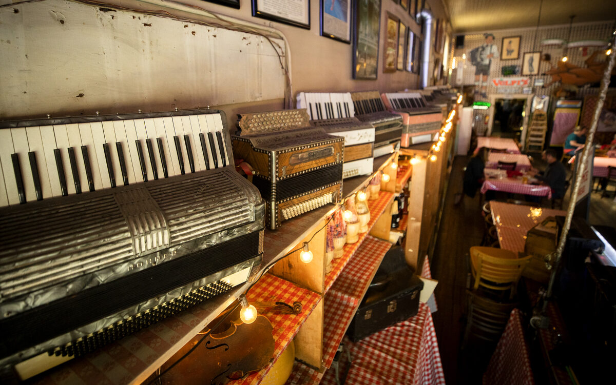 Accordions decorate the top of the shelves around Volpi's Ristorante & Bar in Petaluma on Thursday, May 6, 2021. (Photo by John Burgess/The Press Democrat)