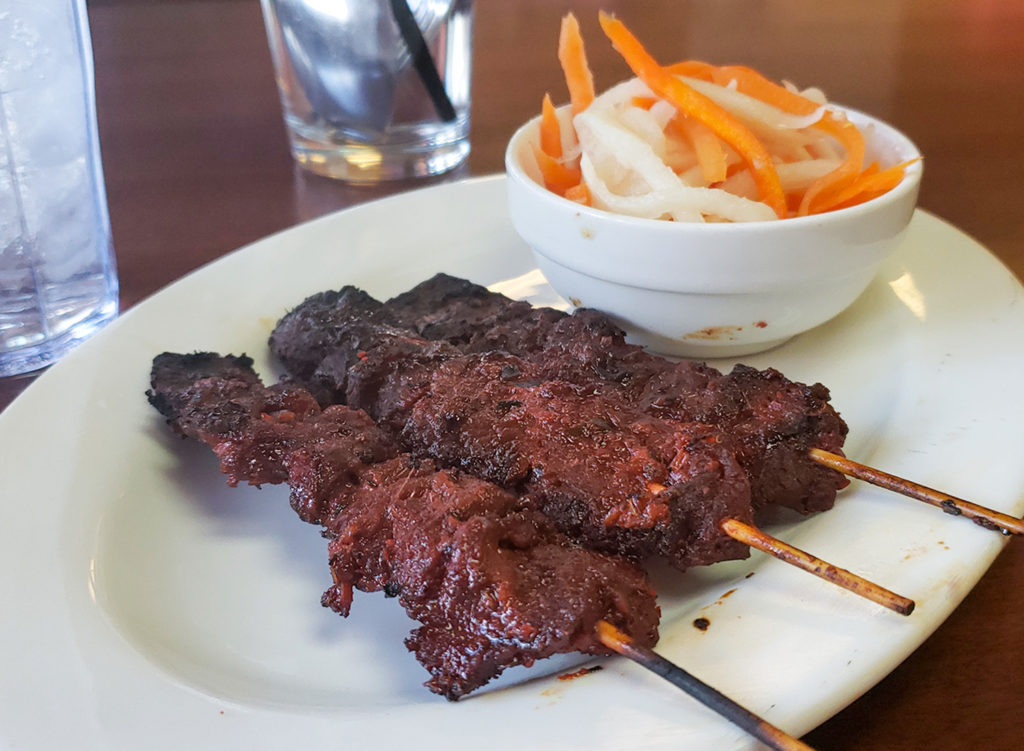 Barbecue beef sticks at. Tan’s Donuts serves Cambodian and Vietnamese homestyle dishes. 2550 Guerneville Rd, Santa Rosa, 707-528-1567.