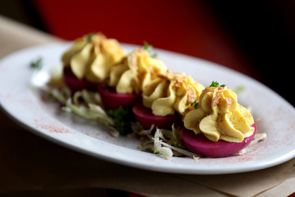 Beet-Pickled Deviled Eggs at Steele and Hops Public House in Santa Rosa on Tuesday, January 21, 2020. (BETH SCHLANKER/ The Press Democrat)