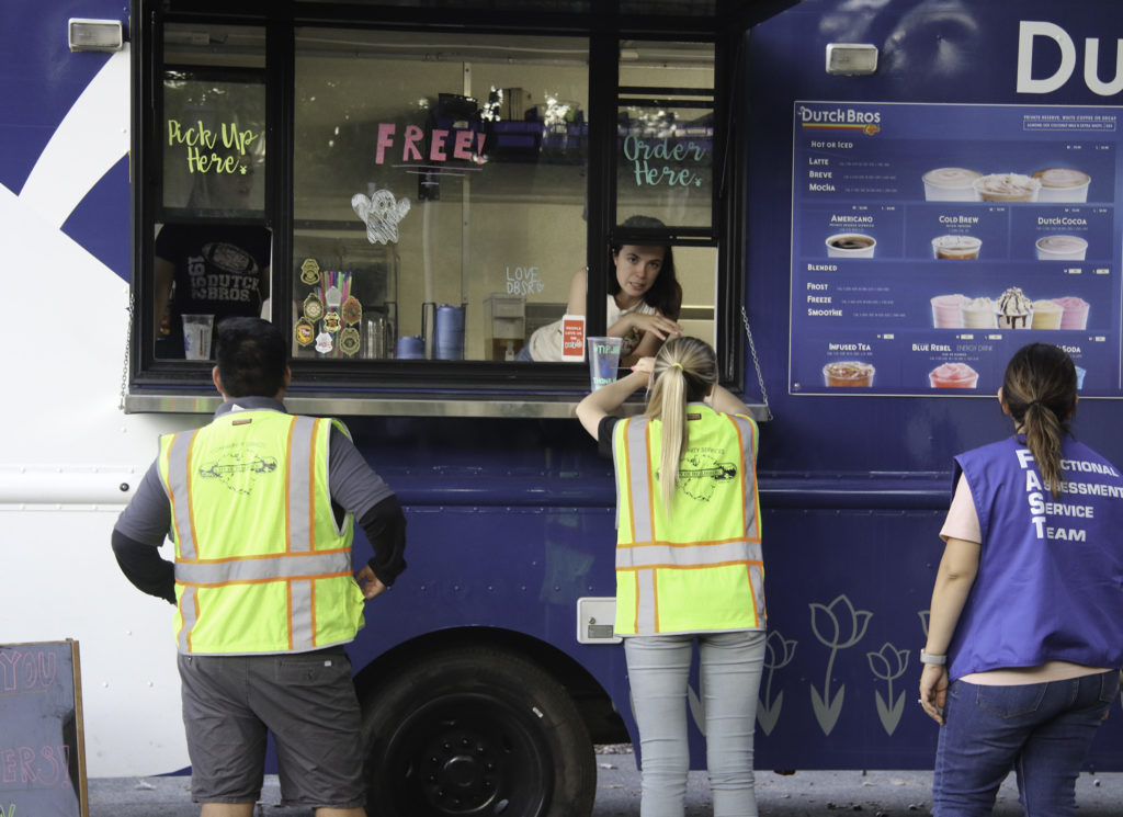 Dutch Bros. coffee serves up caffeine and smiles at the Healdsburg evacuation center. Heather Irwin/PD