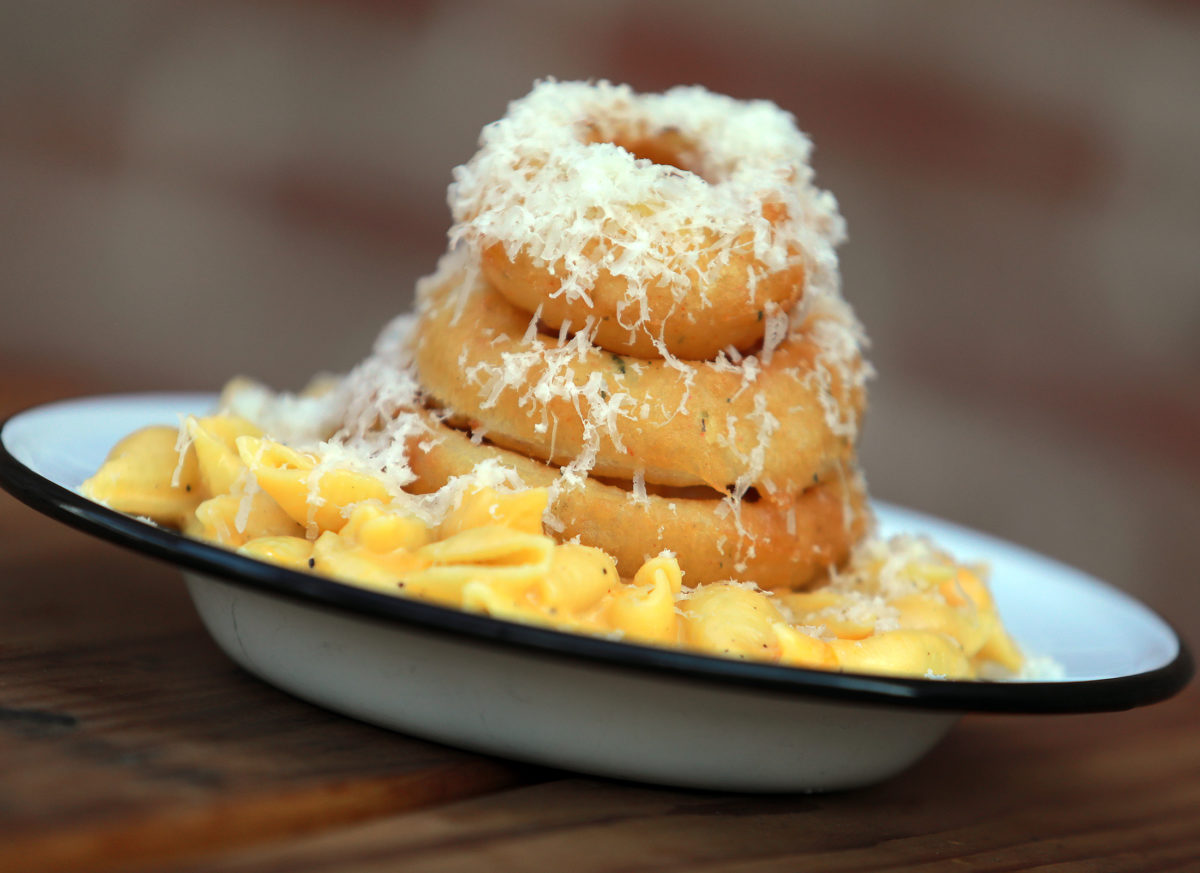 Mac & Cheese with onion rings from Brewsters Beer Garden in Petaluma. (John Burgess/The Press Democrat)