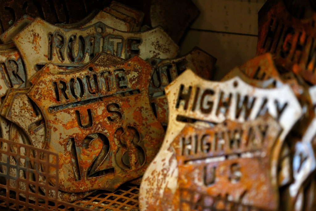 Rusty vintage highway signs for sale at Gin'gilli's Vintage Home in Geyserville, California, on Tuesday, July 30, 2019. (Alvin Jornada / The Press Democrat)