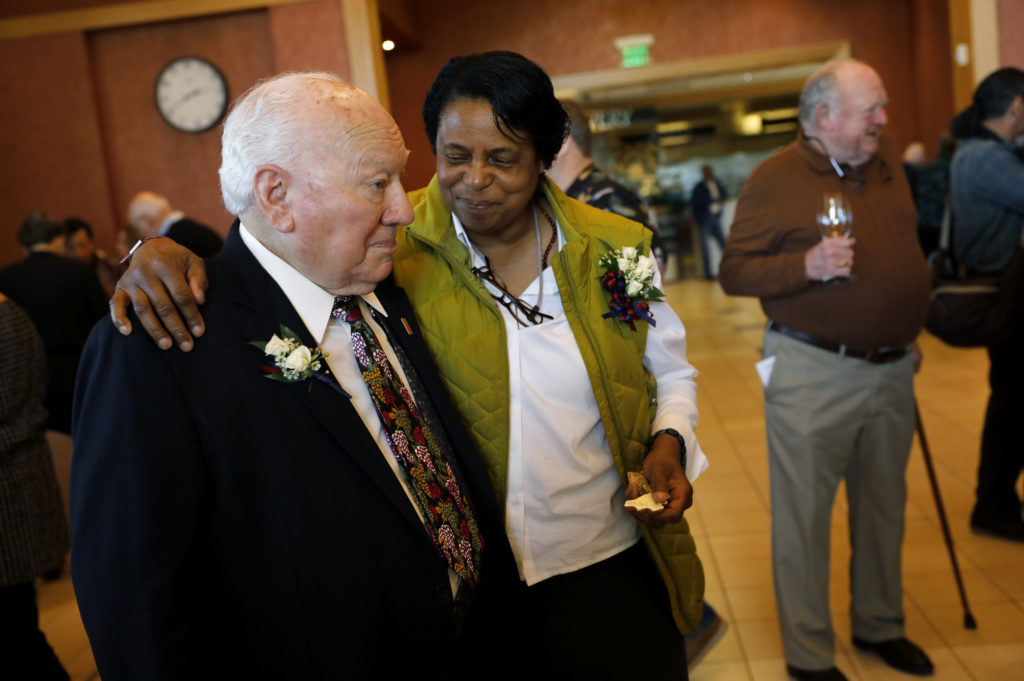 "Pasta King" Art Ibleto, left, and Evelyn Cheatham, founder of Worth Our Weight, were honored during the 3rd annual SRJC Wine Classic at the Bertolini Student Center of the Santa Rosa Junior College campus in Santa Rosa, on Sunday, February 12, 2017. (Beth Schlanker / The Press Democrat)