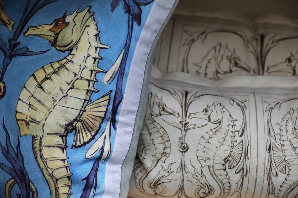 Pillows depicting seahorses produced by Dallas A. Saunders. (Christopher Chung/ The Press Democrat)