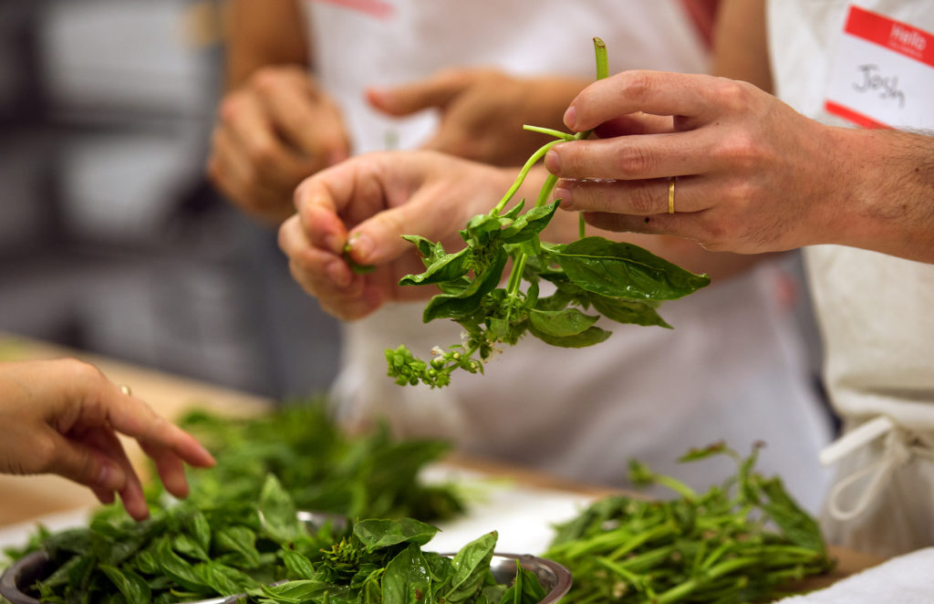 Class participants remove leaves from basil for a pesto pan pizza during a class taught by bread and pizza baker/writer Peter Reinhart at the Artisan Baking Center at Keith Giusto Bakery Supply in Petaluma. (photo by John Burgess/The Press Democrat)