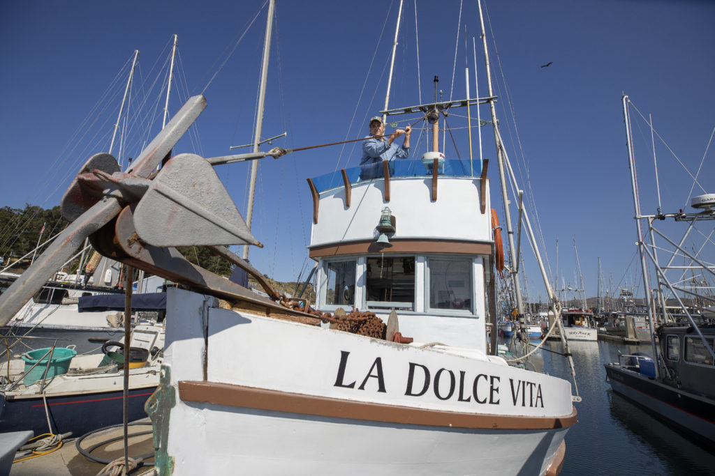 Jeff Genovese check the rigging aboard La Dolce Vita the Spud Point Marina in Bodega Bay. (John Burgess)