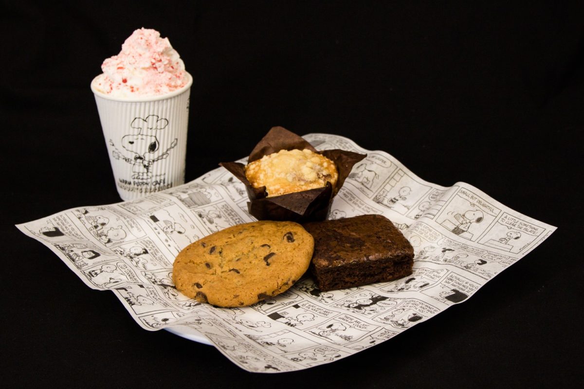 Peppermint Patty Hot Chocolate with sweets at Warm Puppy Cafe at Snoopy's Home Ice in Santa Rosa. (Courtesy of Snoopy's Home Ice)