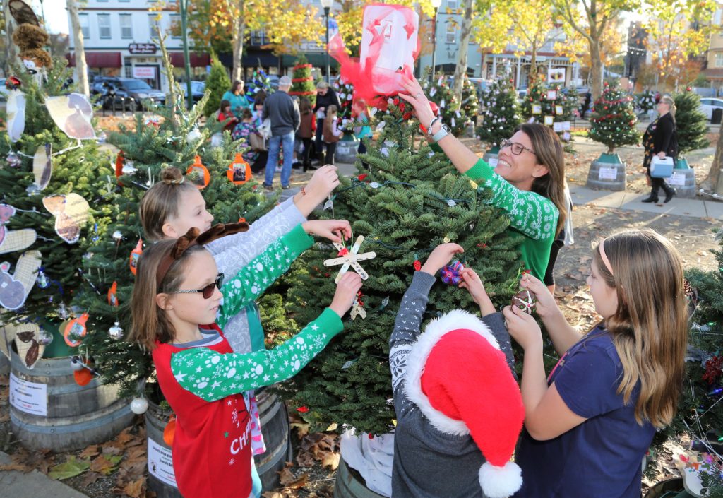 Members of Girl Scout Troop 10296, (from Left) Kaitie, Kara, Avery and Molly decorate their tree with 100% recycled items in the Charlie Brown Christmas Tree Grove in the Windsor Town Green Sunday December 2nd, 2018. (WILL BUCQUOY/FOR THE PD).