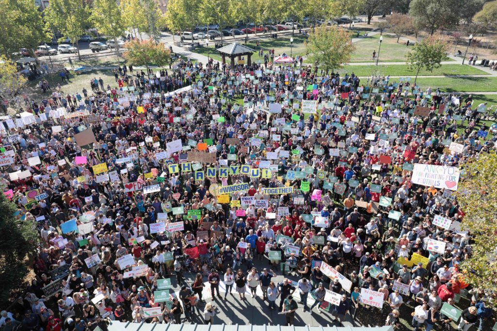 A huge crowd of supporters gather in the Windsor Town Green to say thank you to first responders of the Kincade fire, Sunday, November 3, 2019. (Photo Will Bucquoy/for the Press Democrat)