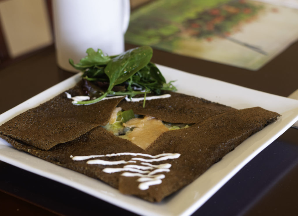 Smoked Norwegian salmon, Jarlsberg cheese, capers, lemon, leek fondue, sour cream at Creperie Chez Solange in Larkfield. (Heather Irwin/Sonoma Magazine)