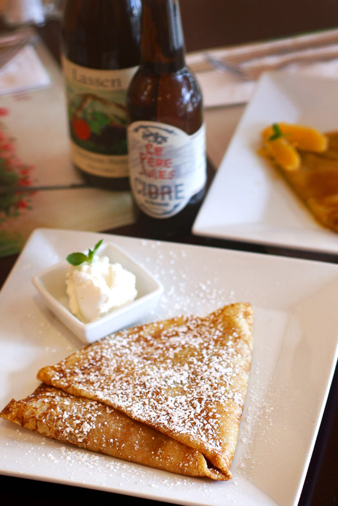Peche Melba crepe with preserved peach, berry jam, toasted almonds, chantilly cream at Creperie Chez Solange in Larkfield. Heather Irwin/PD.