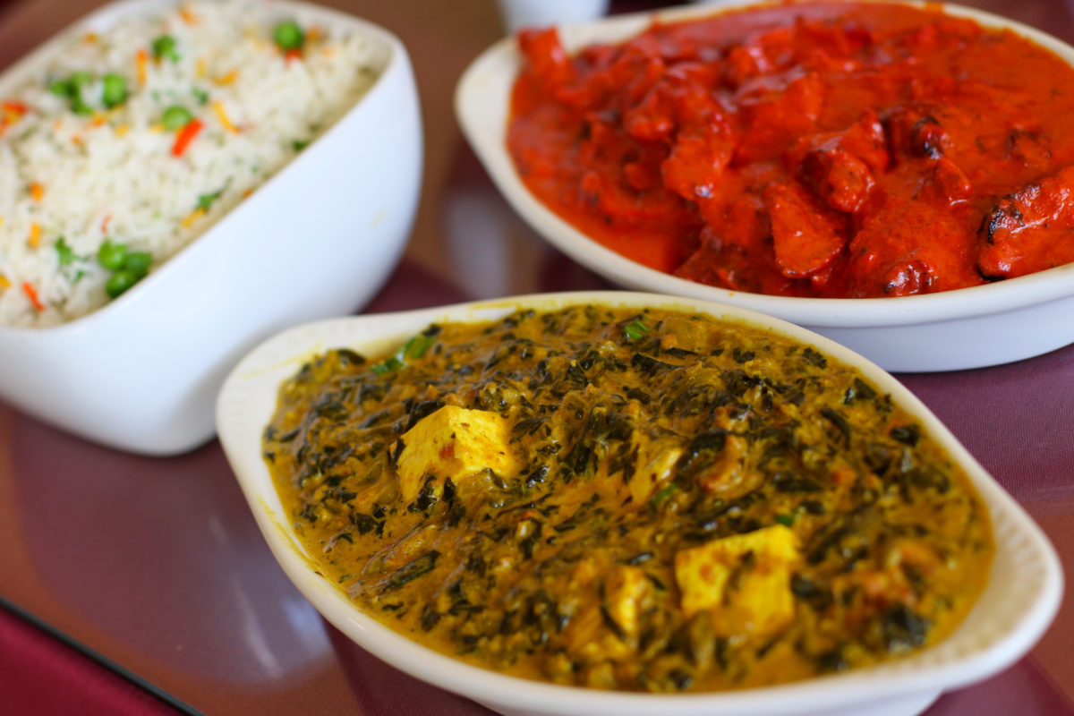 Palak paneer, peas pulav and onion kulcha at Cumin Restaurant in Santa Rosa. 
