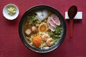 Seafood Ramen with a medley of scallops, shrimp and squid in a shiso ponzu broth from Taste of Tea in Healdsburg. (John Burgess/The Press Democrat)