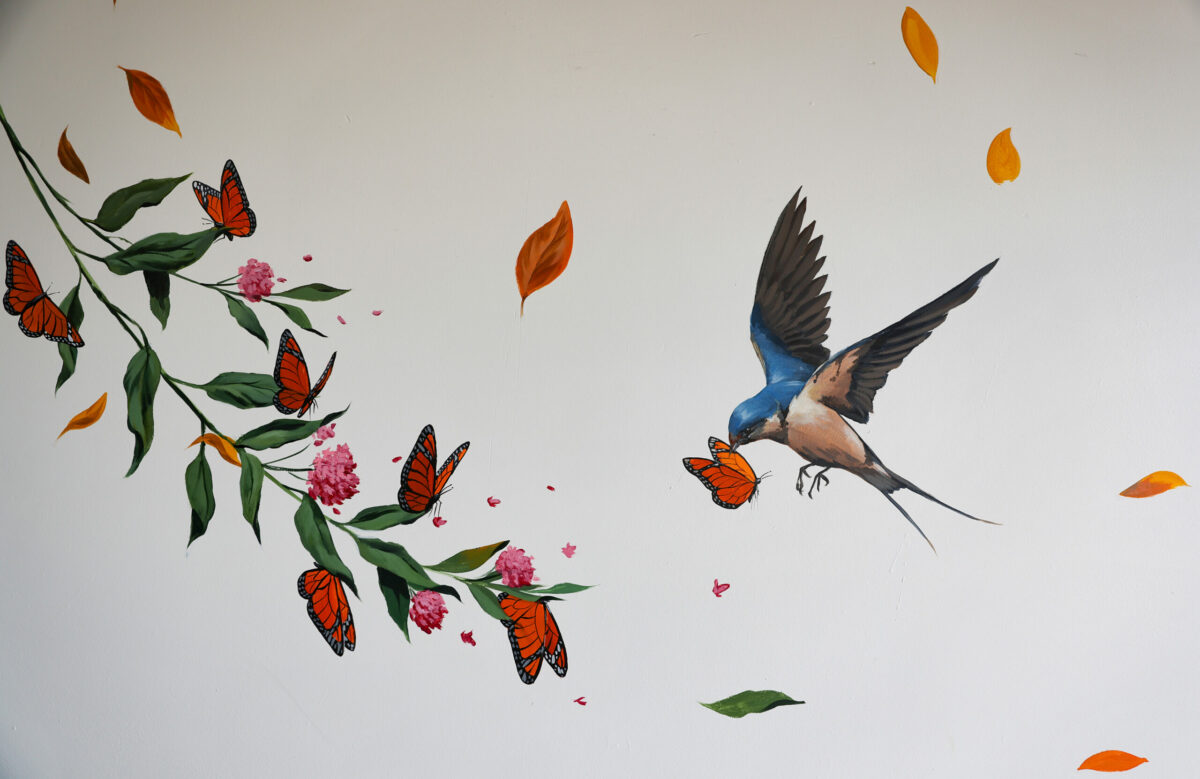 Part of Jake Messing’s “Blue Harmon” mural that spans the staircase of Harmon Guest House in Healdsburg on Monday, September 16, 2024. (Christopher Chung/The Press Democrat)