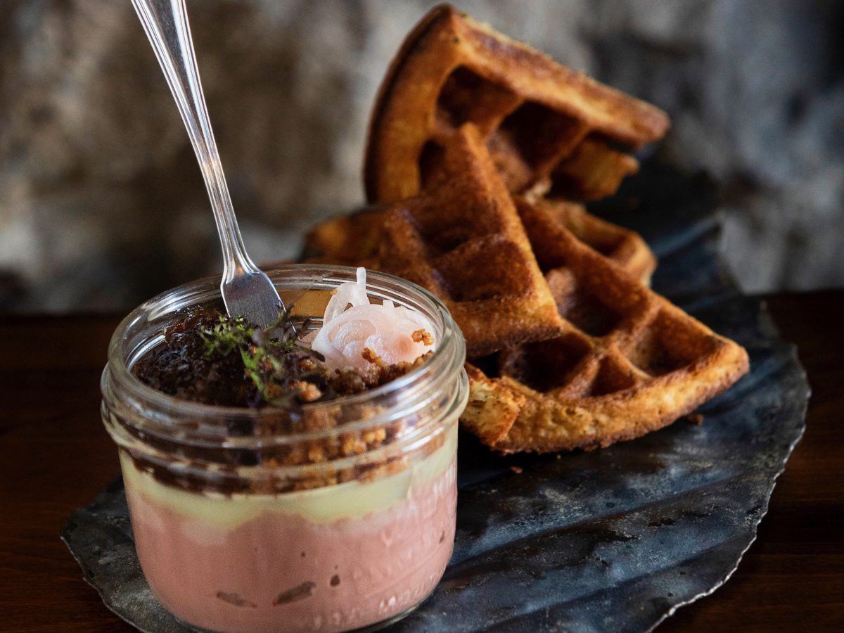 Chicken Liver Mousse with caramelized onion jam and a crispy Cassava waffle from Street Social in Petaluma. (John Burgess/The Press Democrat)