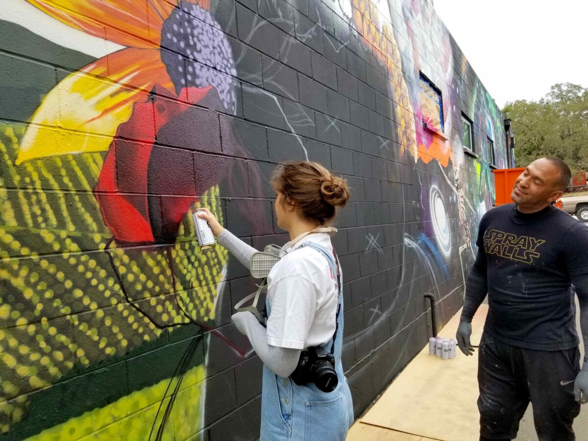 Led by renowned spray paint artist Chor Boogie, teens painted a large mural outside of Sonoma Valleys Republic of Thrift store. The Sonoma Valley Museum of Art put the project together in collaboration with La Luz Center and the Art Escape arts training center. The project was unveiled Oct. 14, 2018. (DIANNE AOKI)