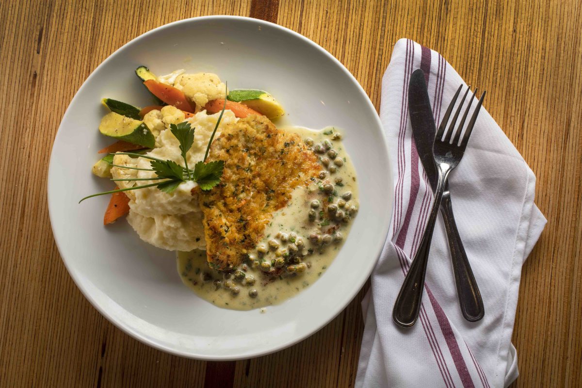 Ricky's Chicken Picatta In lemon-caper sauce, mashed potatoes, & seasonal vegetables from Rickey's Eastbound in the Skyhawk neighborhood of Santa Rosa. (John Burgess/The Press Democrat)