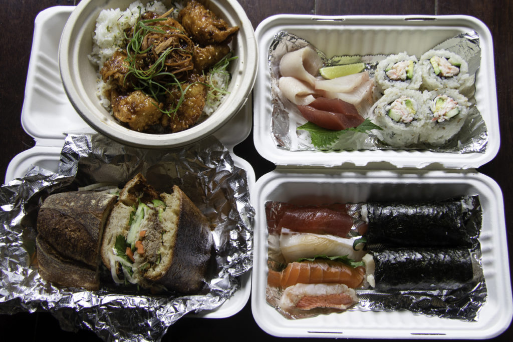 Sushi combination set, banh mi, donburi sesame chicken at Sushi Kosho in Sebastopol. (Heather Irwin/PD)