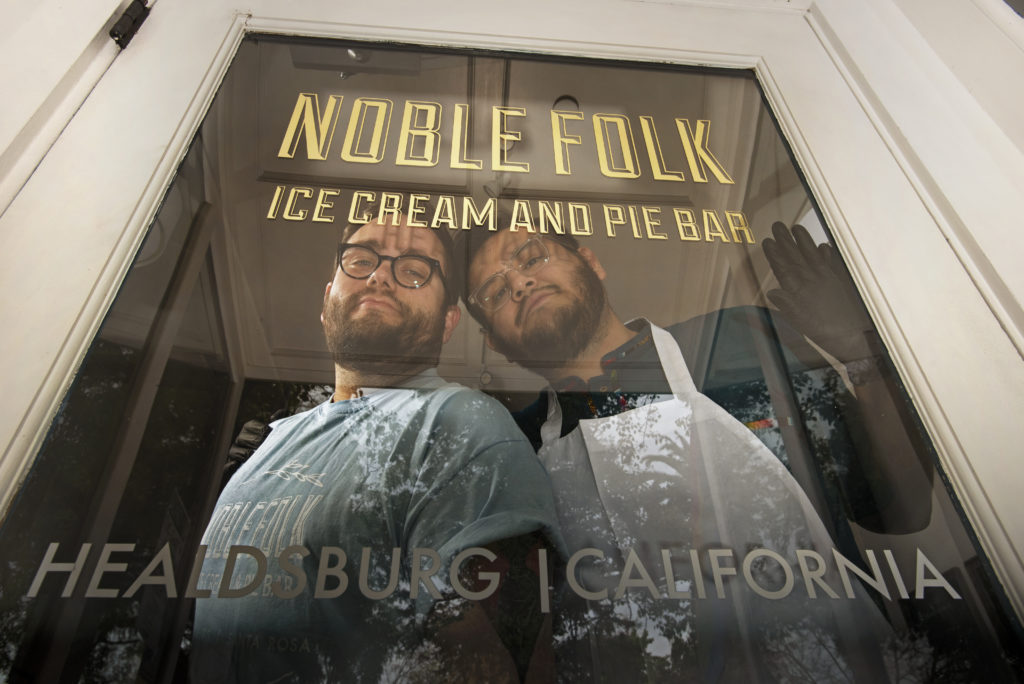 Christian Sullberg, 30, left, and Ozzy Jimenez, 31, who together own Noble Folk Ice Cream & Pie Bar and Moustache Baked Goods at their store in Healdsburg, California on April 7, 2020. (Photo: Erik Castro/for Sonoma Magazine)