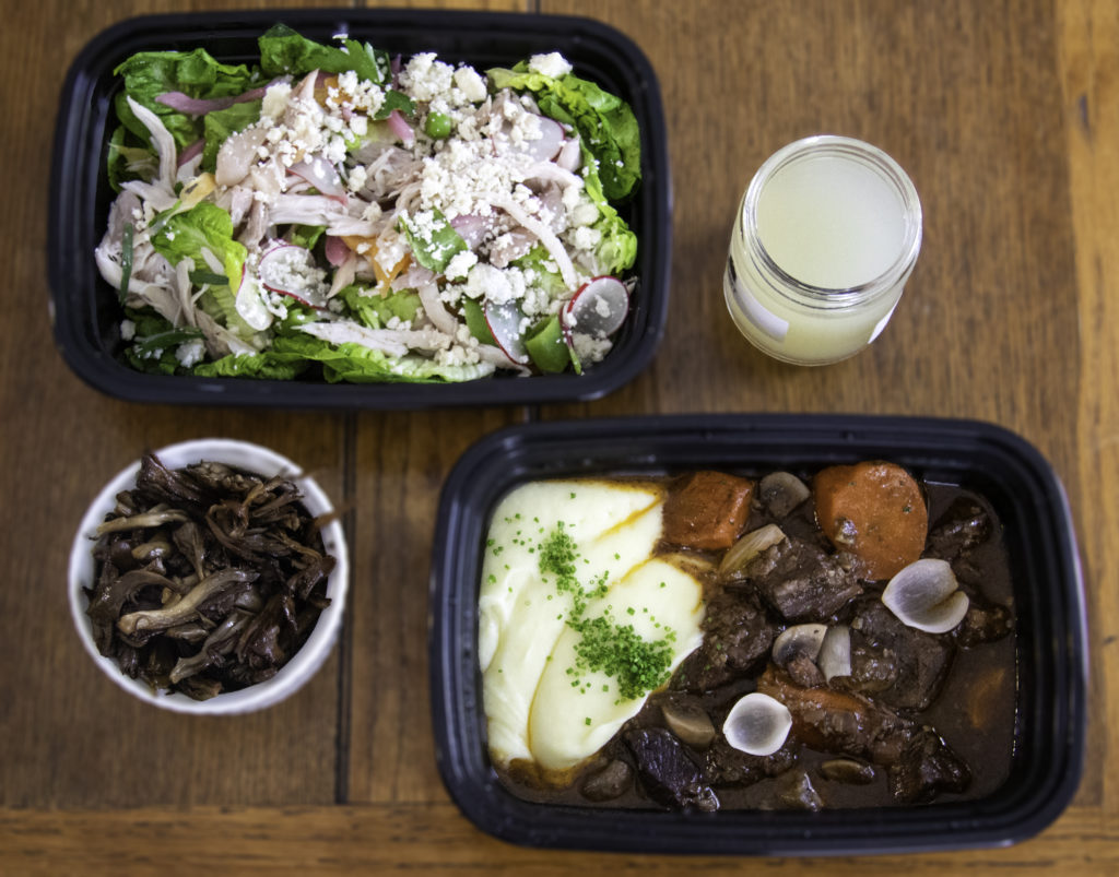 Pulled chicken salad, maitake mushroooms, boeuf bourguignon from Barndiva in Healdsburg. (Heather Irwin / Sonoma Magazine)