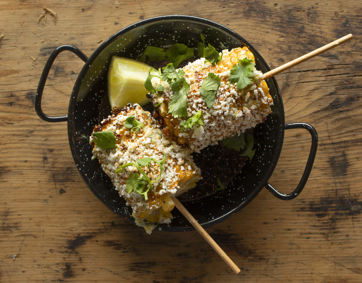 Mexican Street Corn with Vaquero sauce, house-blend spices and grated cotija from the Butcher Crown Roadhouse in Petaluma. (John Burgess/The Press Democrat)