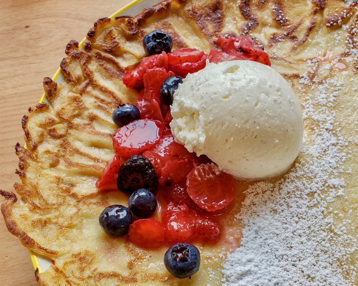 Swedish pancake with berries and whipped cream at Stockhome Restaurant in Petaluma. (Heather Irwin/Sonoma Magazine)
