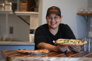 Leah Scurto, co-owner and executive pizza maker, at PizzaLeah in Windsor, Calif., on Wednesday, May 27, 2020. (Beth Schlanker)