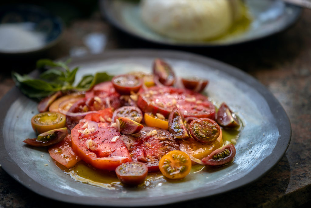Tomato recipes: Huge BLT sandwich Fermented tomatoes on scrambled eggs Tomato salad