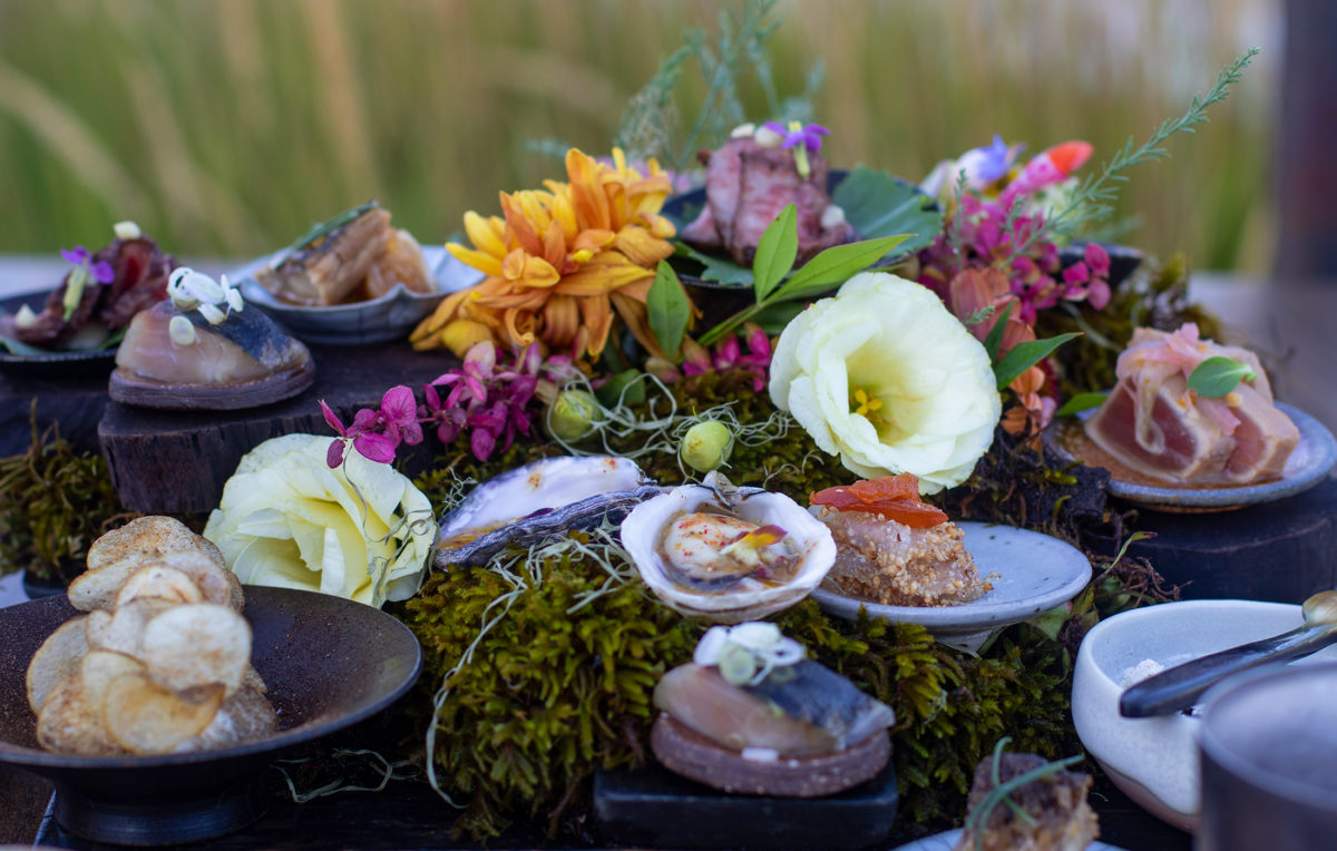 Midsummer in Sonoma floral presentation with small bites from Single Thread restaurant. (Heather Irwin/Sonoma Magazine)