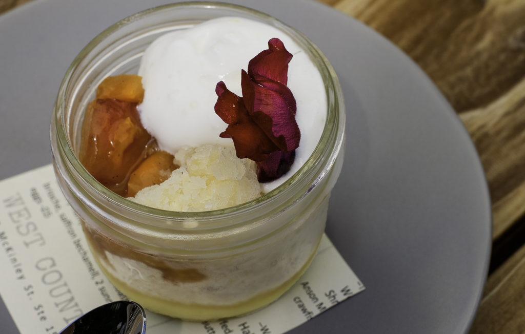 Peaches and “cream” with sour cream foam, lemon curd and “Arnold Palmer” granita at Blue Ridge Kitchen in Sebastopol. Heather Irwin/PD