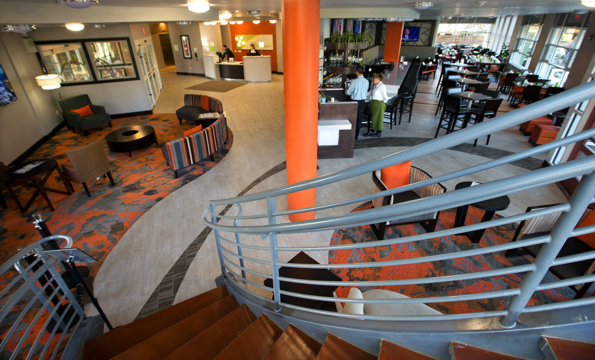 The lobby of the new Holiday Inn Windsor Wine Country with the Tisza restaurant fronting the Old Redwood Hwy business. (John Burgess/The Press Democrat)