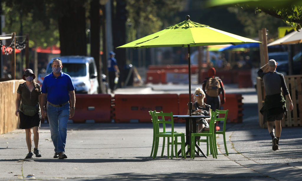 Fourth Street in Santa Rosa is walled off to vehicles, Friday, July 17, 2020 in downtown Santa Rosa. (Kent Porter / The Press Democrat)