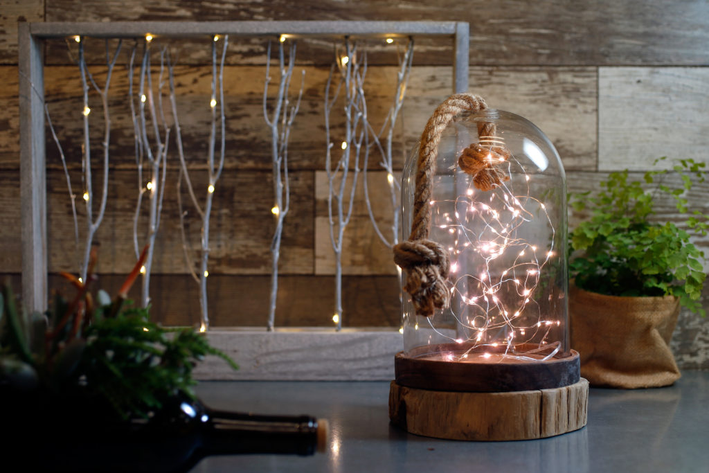 Wire lights inside a glass cloche, at right, pictured with wood framed lighted branch wall art at Urban Garden in Santa Rosa, California on Thursday, January 5, 2017. (Alvin Jornada / The Press Democrat)